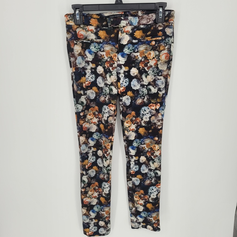 Zara Woman Floral Trousers Women XS Dark Moody Botanical Stretch Skinny Pants